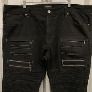 Makobi Moto Mens 42 x 32 Black Denim Jeans Shredded Zippers Rips Slim Leg Biker
